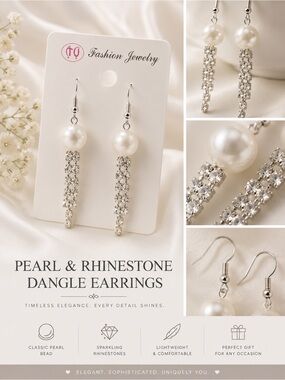 Pearl Rhinestone Dangle Earrings Fashion Jewelry Silver Tone Drop